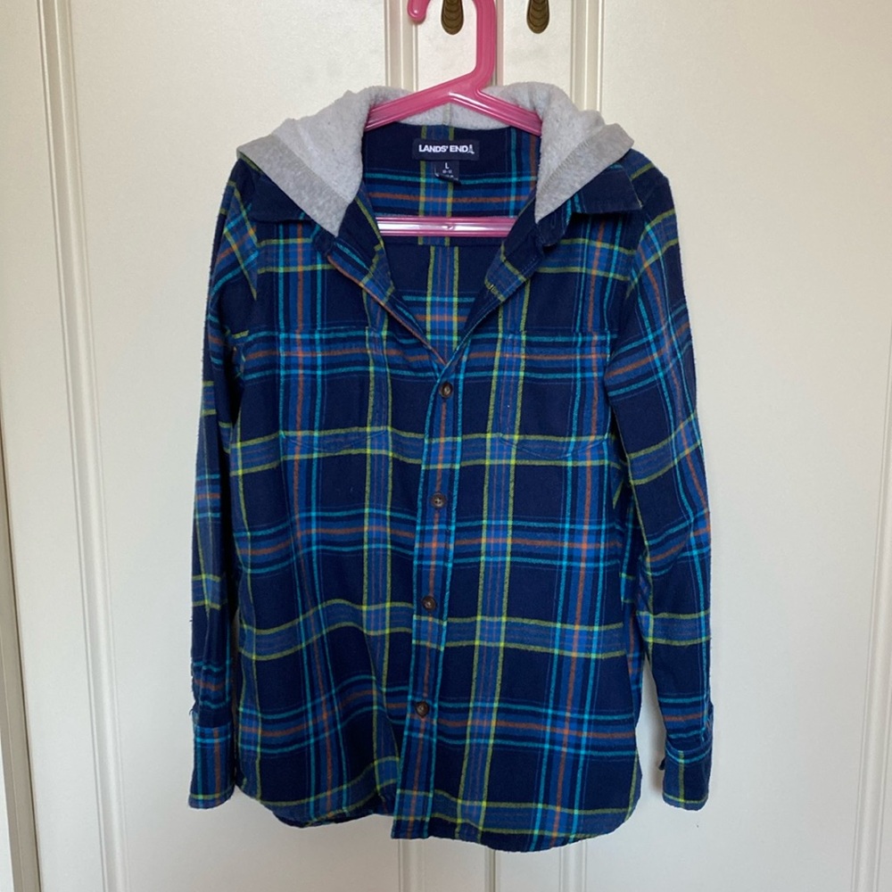 LANDS END BUTTON DOWN SHIRT WITH HOOD SIZE BOYS L 10-12 .